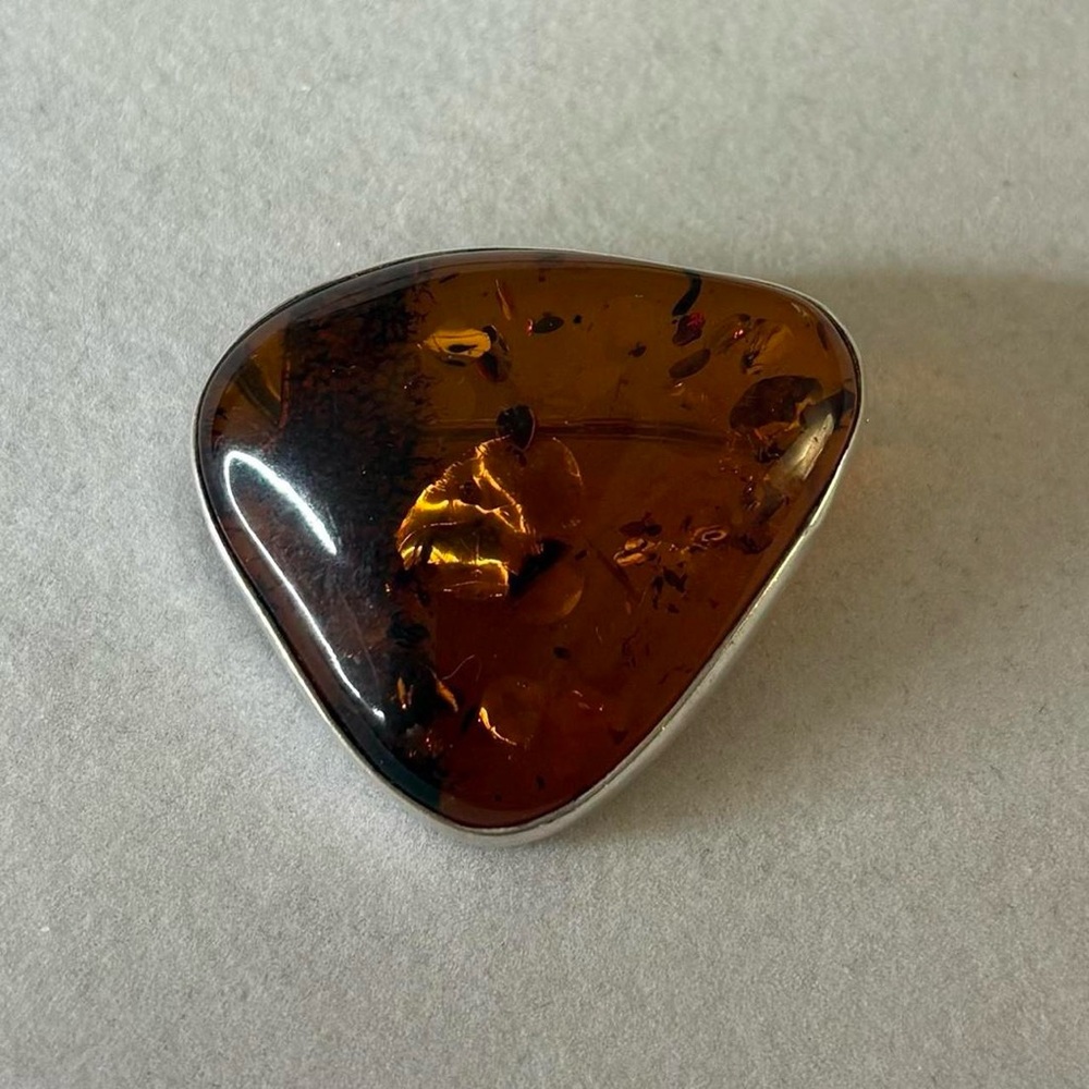 Vintage 925 Sterling Silver Amber Boho Triangle Large Statement Brooch Pin